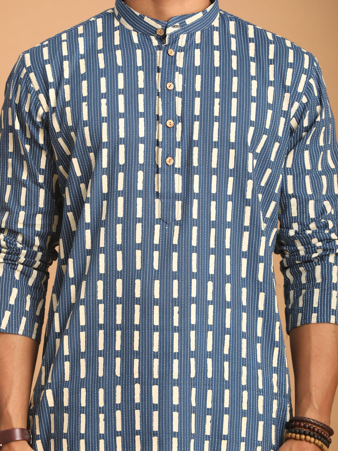Men's Blue Rubber Print Cotton Kurta With White Pant Set