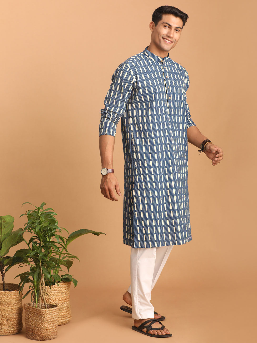 Men's Blue Rubber Print Cotton Kurta With White Pant Set