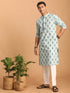 Men's Light Green Ethnic Motif Printed Kurta With White Pant Set