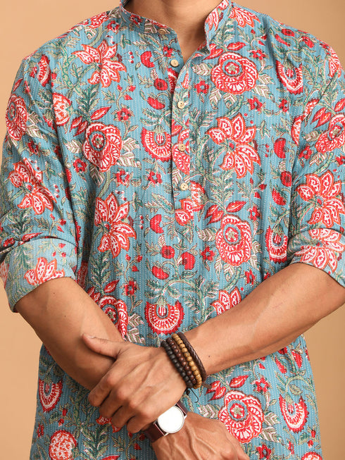 Men's Blue And Red Floral Printed Cotton Kurta
