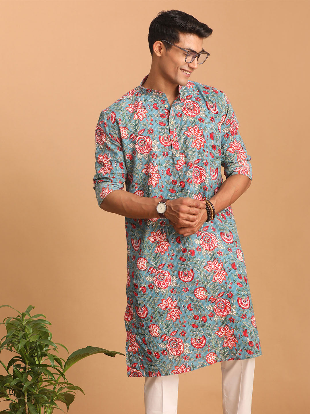 Men's Blue And Red Floral Printed Cotton Kurta