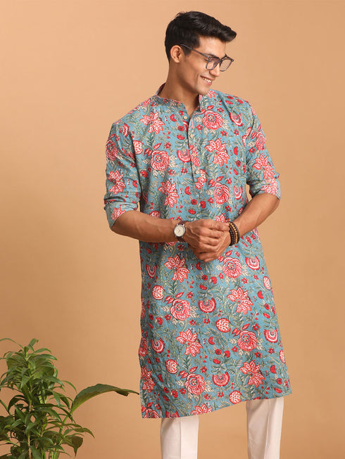 Men's Blue And Red Floral Printed Cotton Kurta