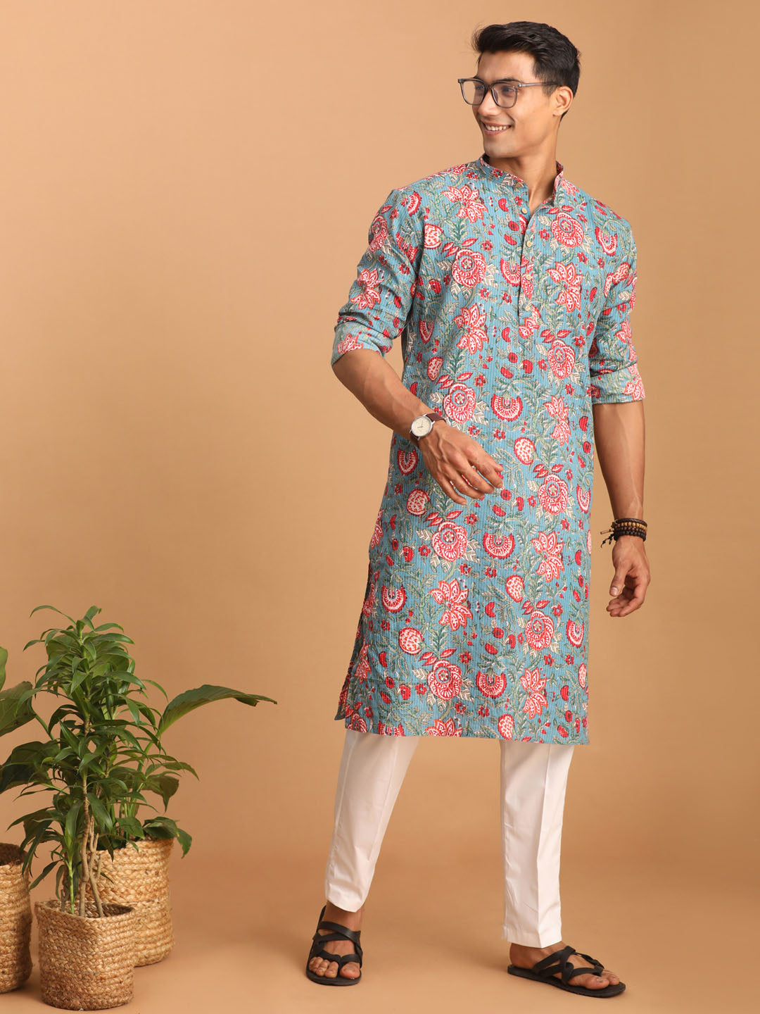 Men's Blue And Red Floral Printed Cotton Kurta With White Pant Set