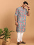 Men's Blue And Red Floral Printed Cotton Kurta With White Pant Set