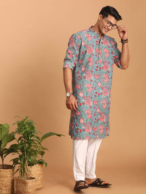 Men's Blue And Red Floral Printed Cotton Kurta With White Pant Set
