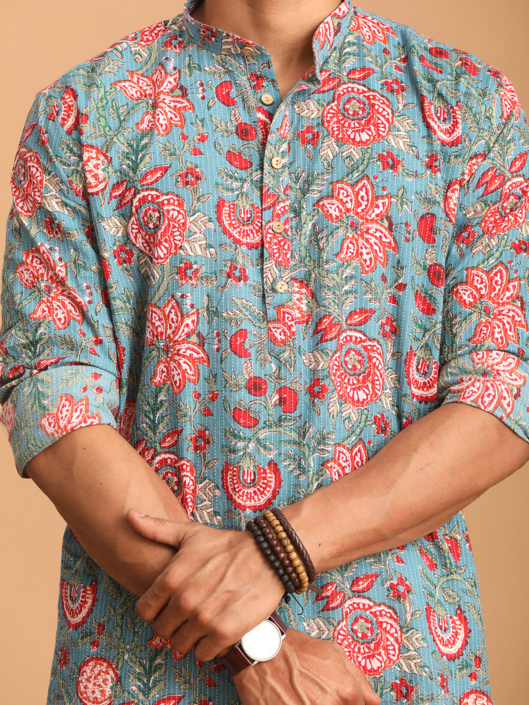 Men's Blue And Red Floral Printed Cotton Kurta With White Pant Set