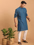 Men's Blue Denim Jacquard Kurta With White Pant Set