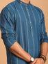 Men's Blue Denim Jacquard Kurta With White Pant Set