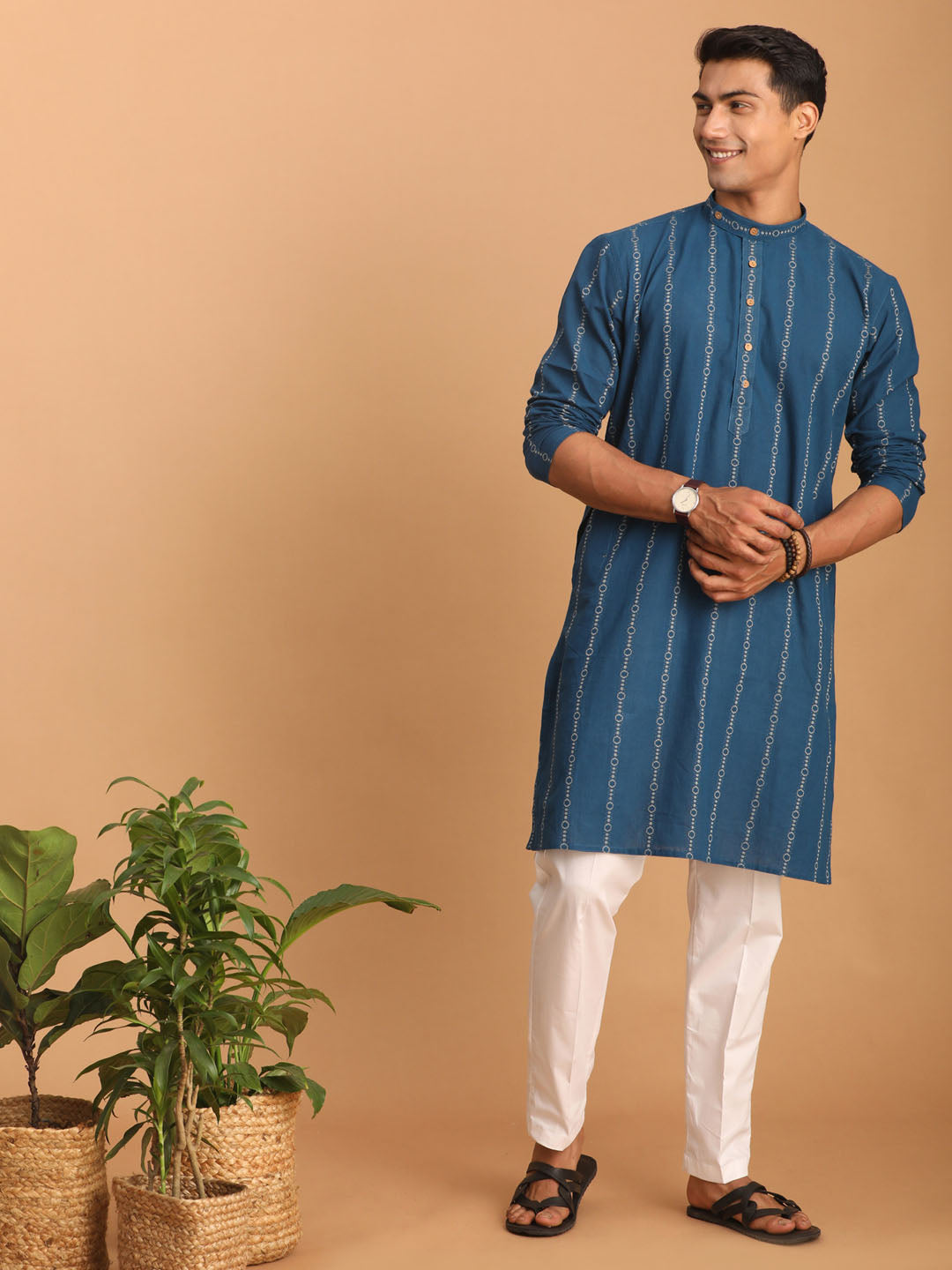 Men's Blue Denim Jacquard Kurta With White Pant Set