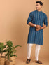 Men's Blue Denim Jacquard Kurta With White Pant Set