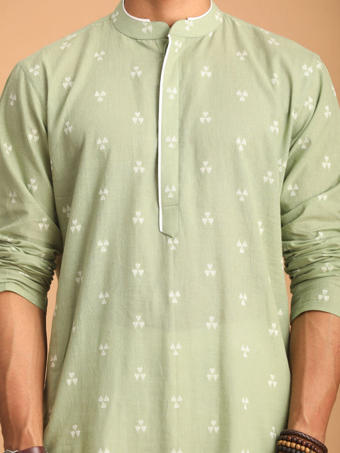 Men's Green Geometric Booti Jacquard Kurta With White Pant Set
