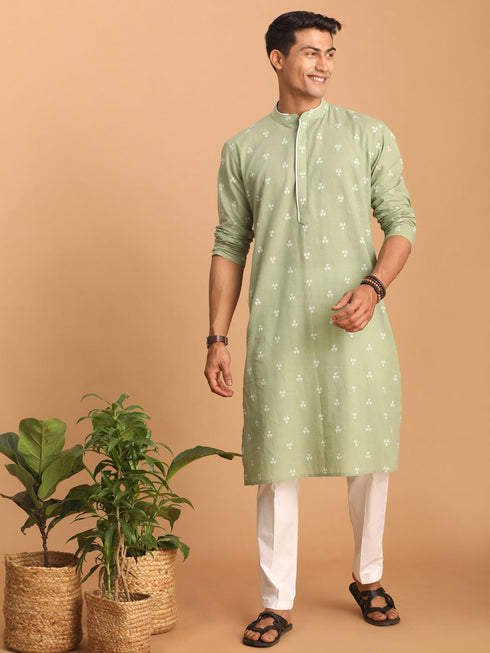 Men's Green Geometric Booti Jacquard Kurta With White Pant Set