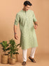 Men's Green Geometric Booti Jacquard Kurta With White Pant Set