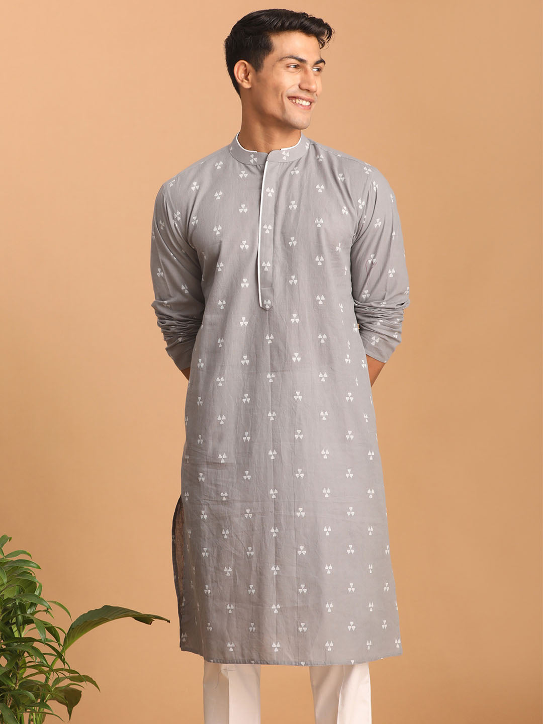 Men's Grey Geometric Booti Jacquard Kurta