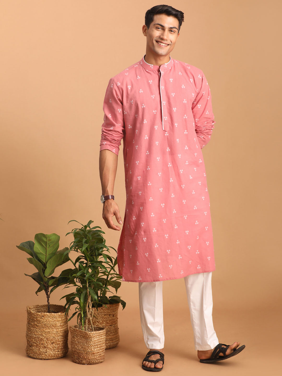 Men's Pink Geometric Booti Jacquard Kurta