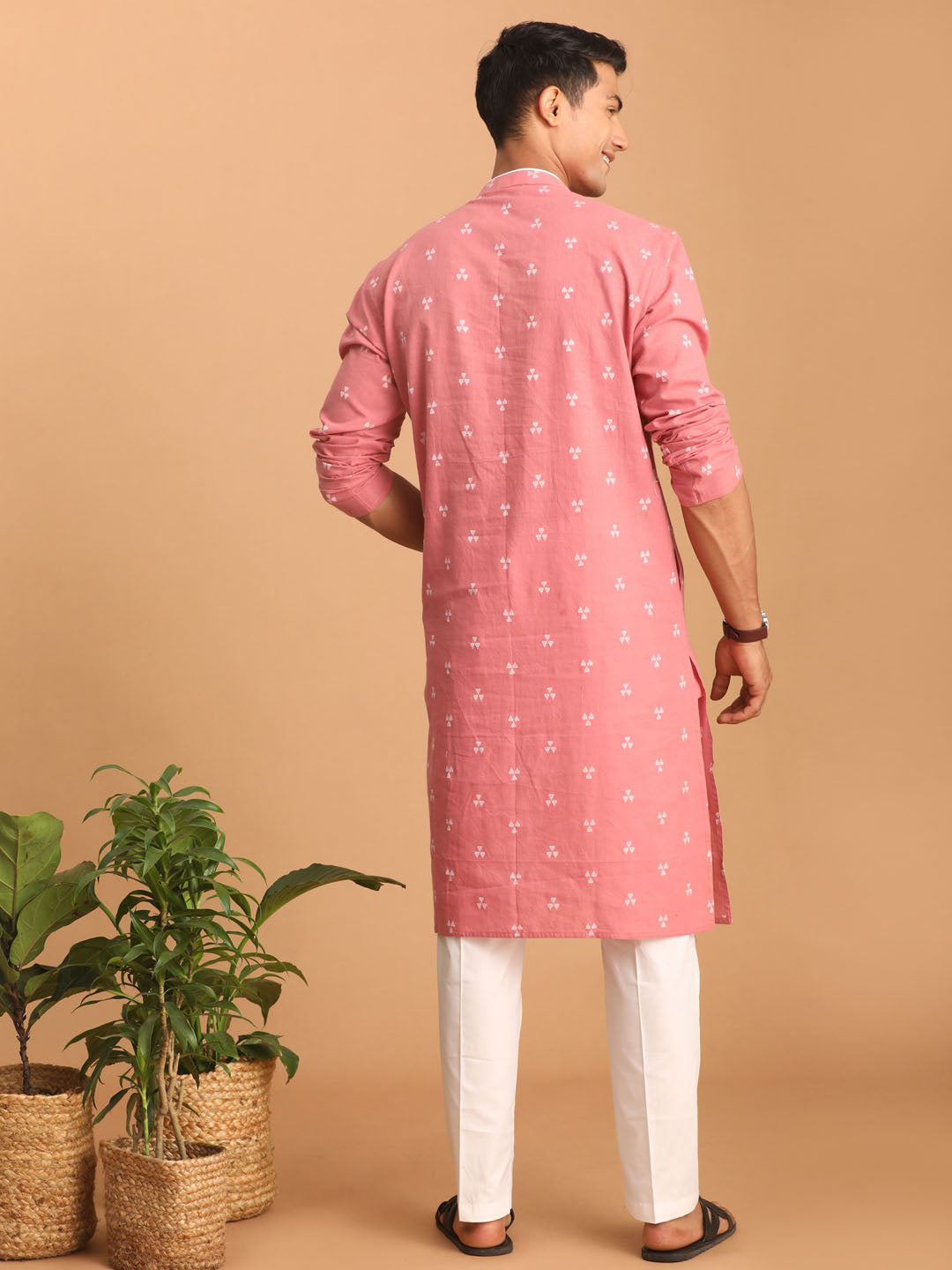Men's Pink Geometric Booti Jacquard Kurta With White Pant Set