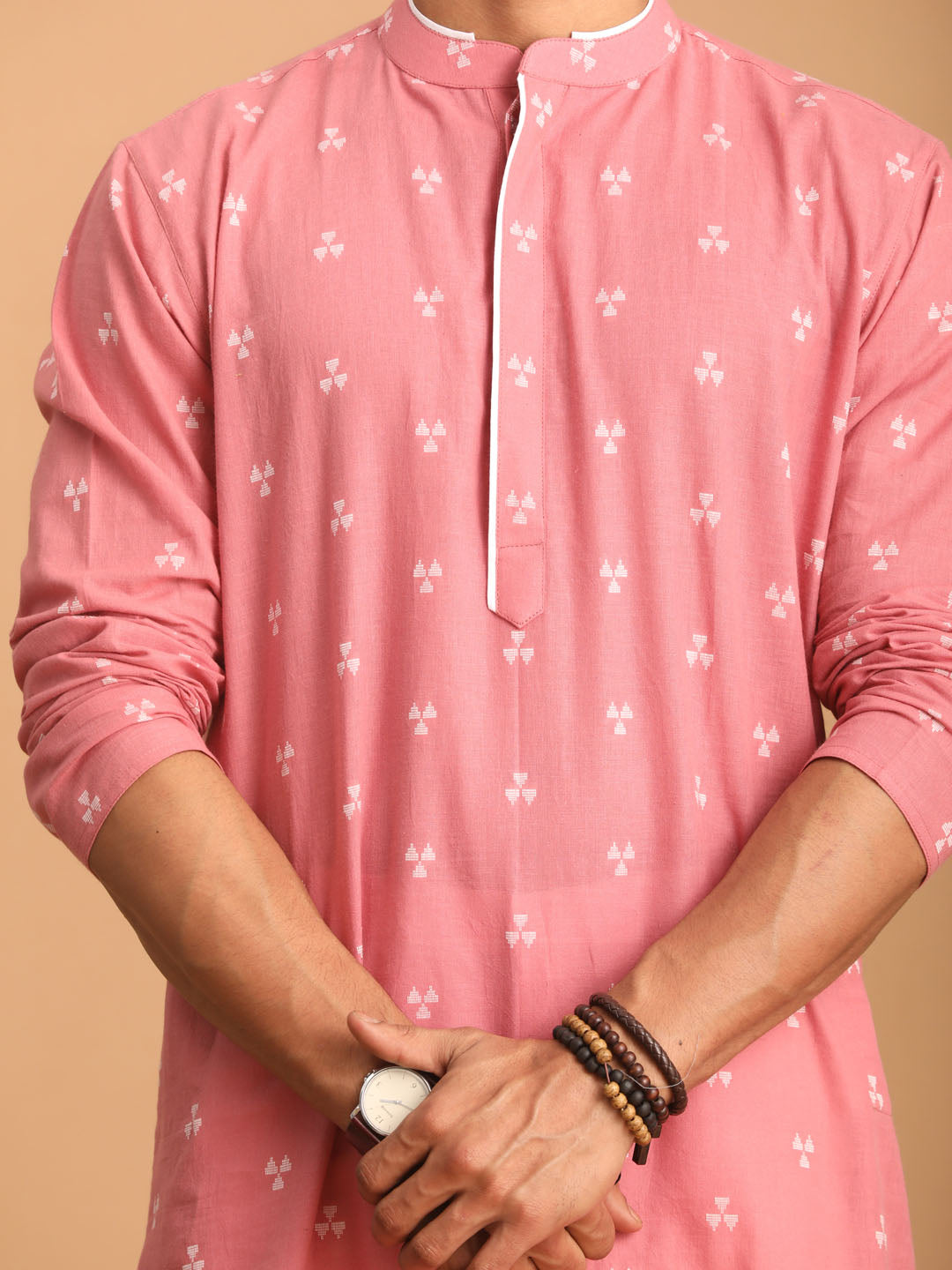 Men's Pink Geometric Booti Jacquard Kurta With White Pant Set