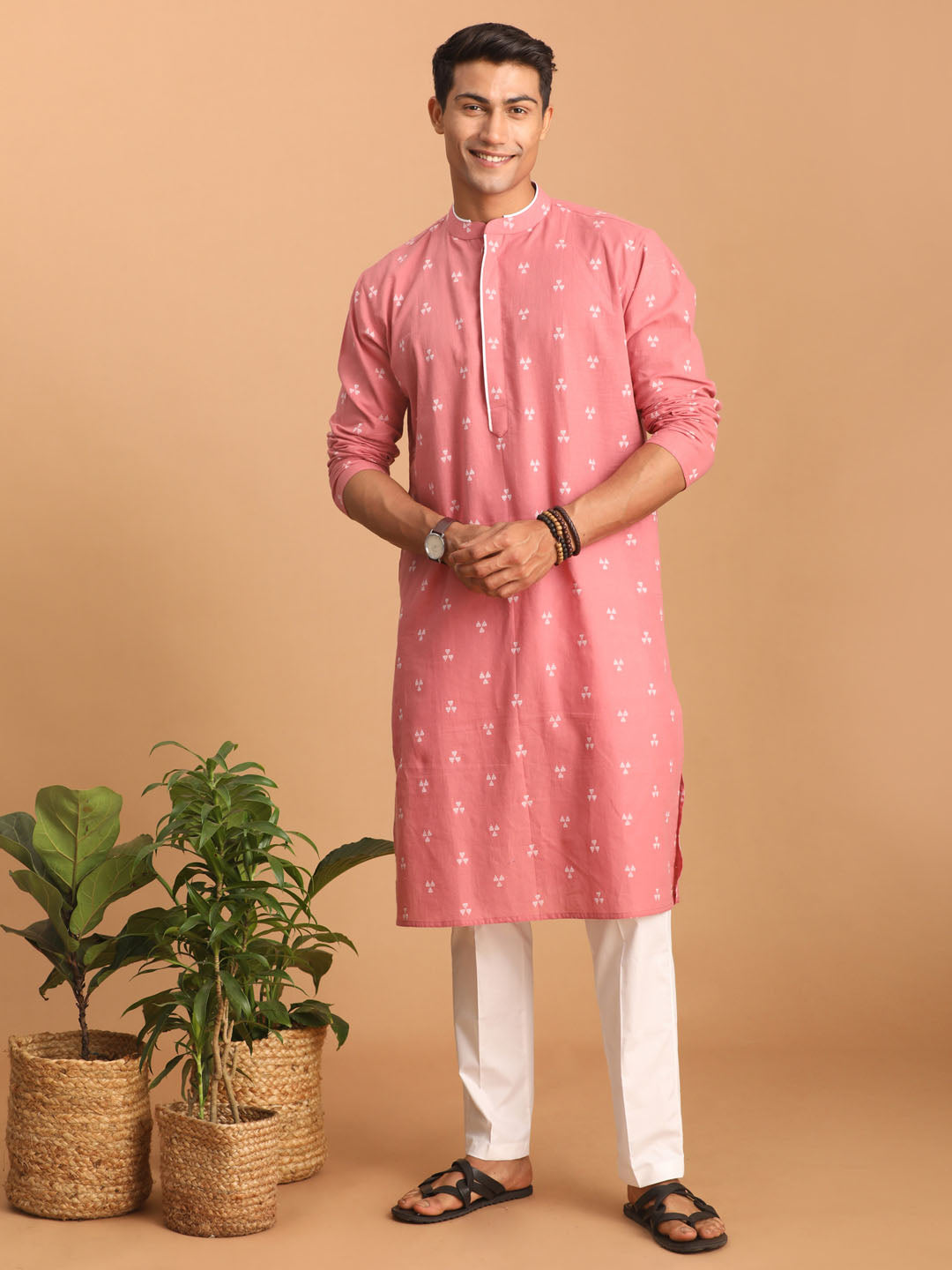 Men's Pink Geometric Booti Jacquard Kurta With White Pant Set