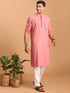 Men's Pink Geometric Booti Jacquard Kurta With White Pant Set