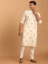 Men's Cream Katha Stich Embroidered Cotton Kurta With Cream Pant Set
