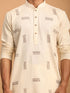 Men's Cream Katha Stich Embroidered Cotton Kurta With Cream Pant Set