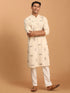 Men's Cream Katha Stich Embroidered Cotton Kurta With Cream Pant Set