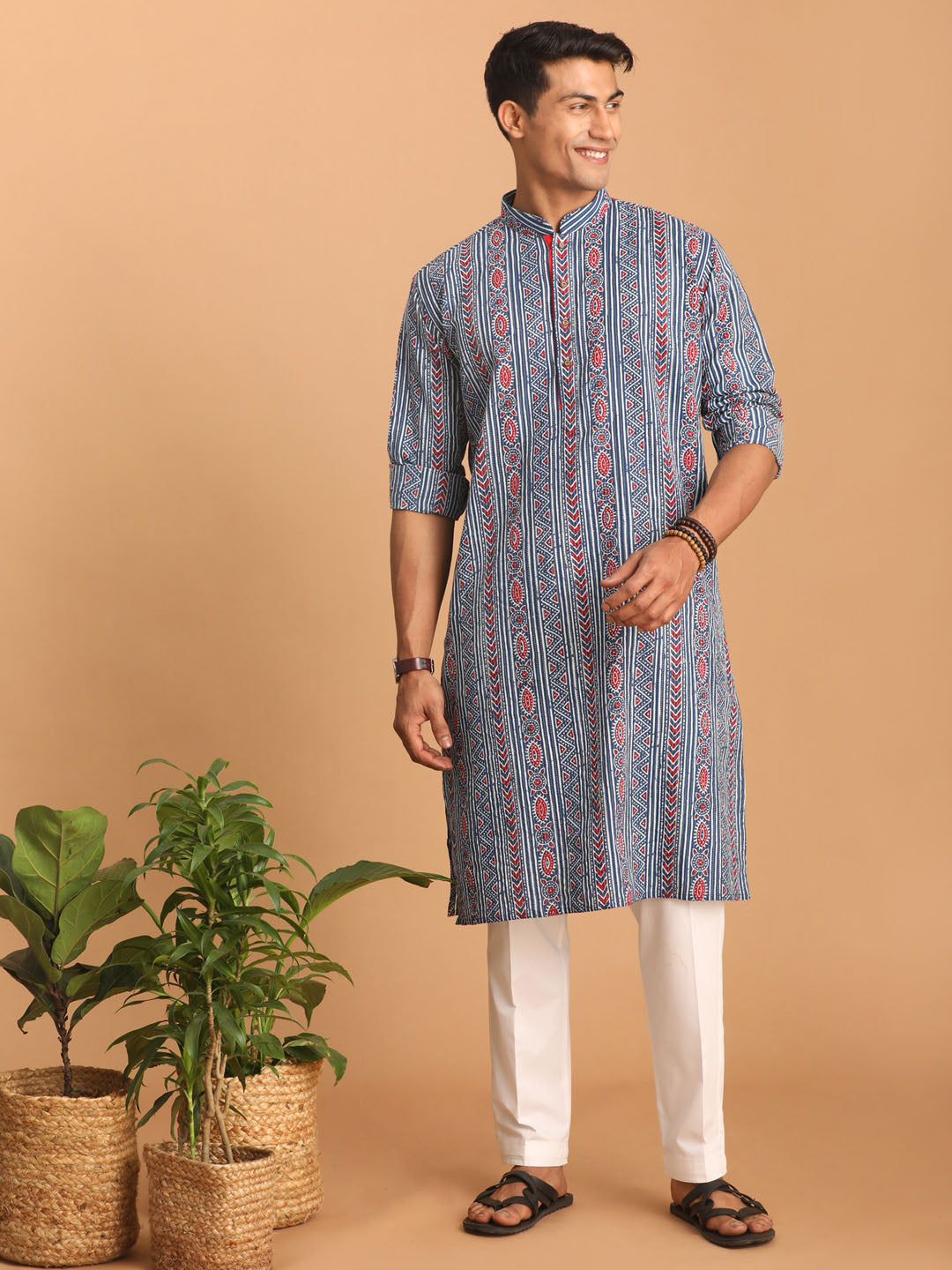 Men's Indigo Printed Cotton Kurta With White Pant Set