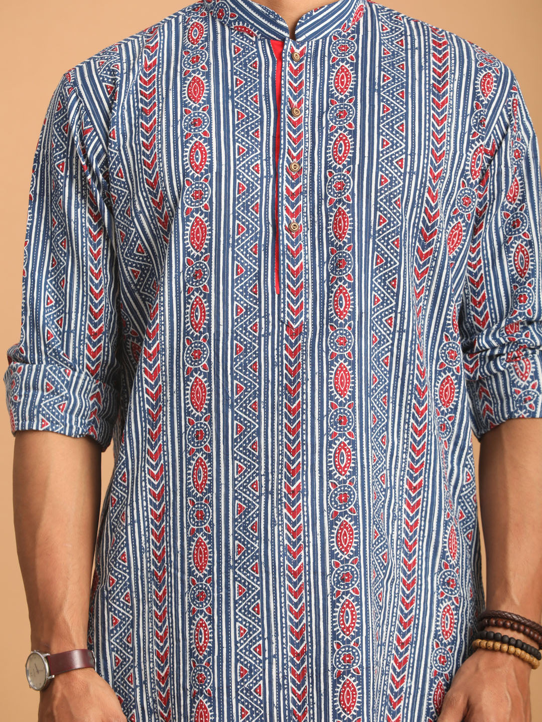 Men's Indigo Printed Cotton Kurta With White Pant Set