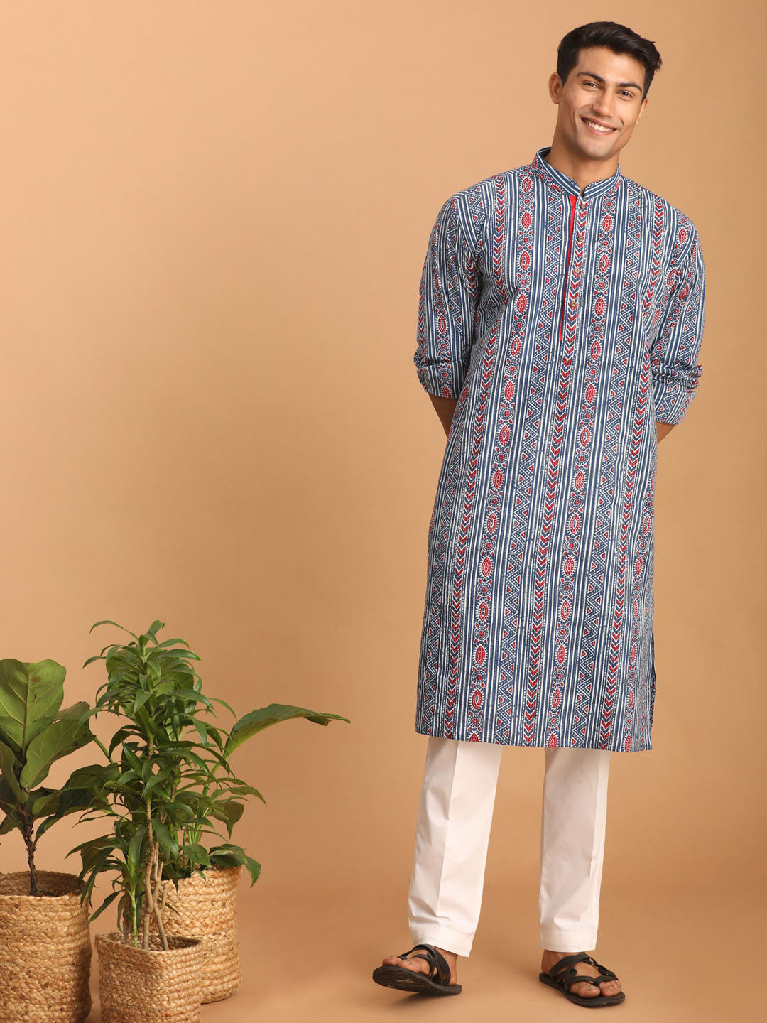 Men's Indigo Printed Cotton Kurta With White Pant Set