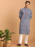 Men's Indigo Printed Cotton Kurta With White Pant Set