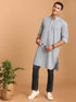 Men's White And Blue Geometrical Striped Printed Curved Kurta