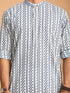 Men's White And Blue Geometrical Striped Printed Curved Kurta With White Pant Set