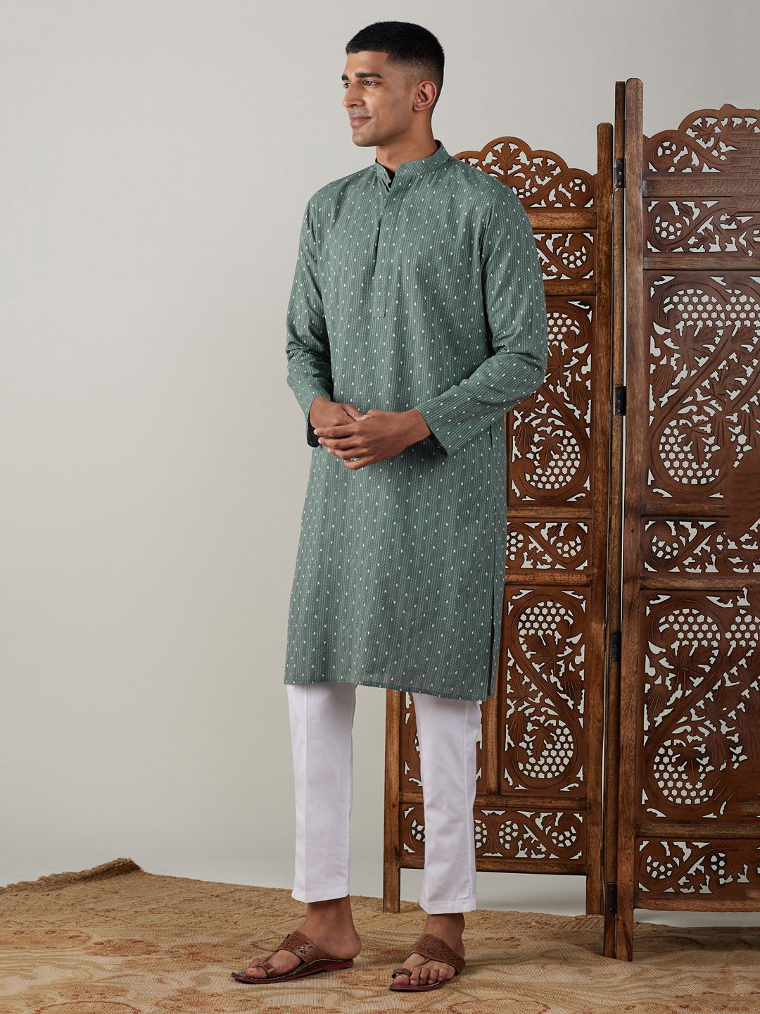 Men's Green Cotton Jacquard Kurta With White Pant Set