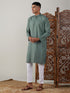 Men's Green Cotton Jacquard Kurta With White Pant Set