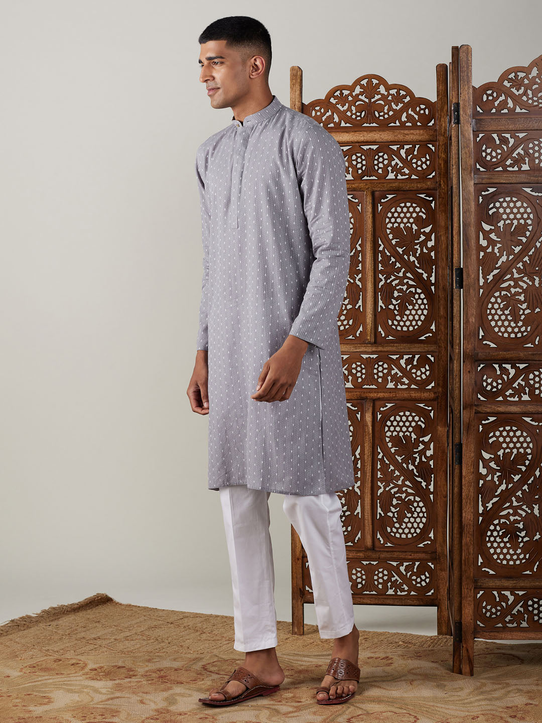 Men's Grey Cotton Jacquard Kurta With White Pant Set