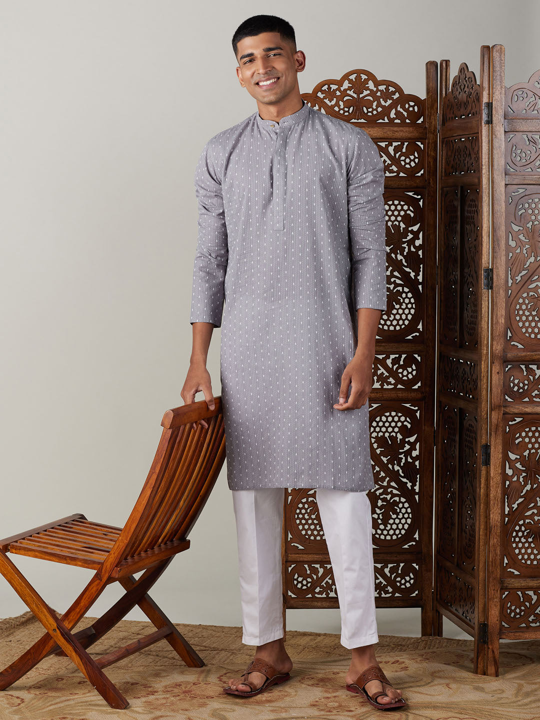 Men's Grey Cotton Jacquard Kurta With White Pant Set