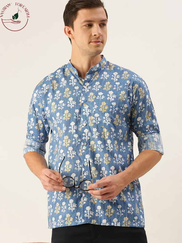 Men's Aqua Blue Printed Embellished Shirt