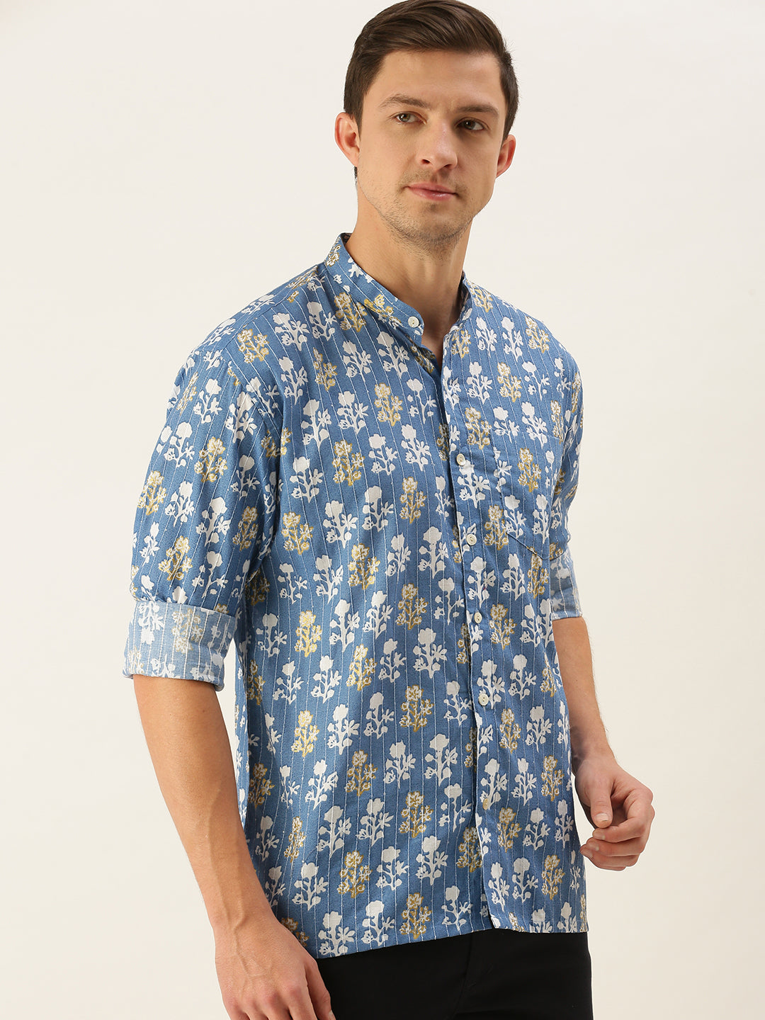 Men's Aqua Blue Printed Embellished Shirt