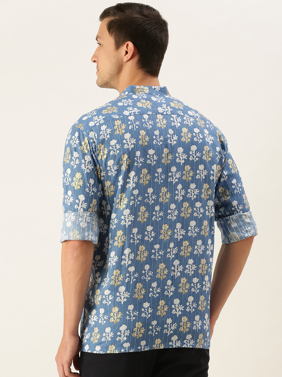 Men's Aqua Blue Printed Embellished Shirt