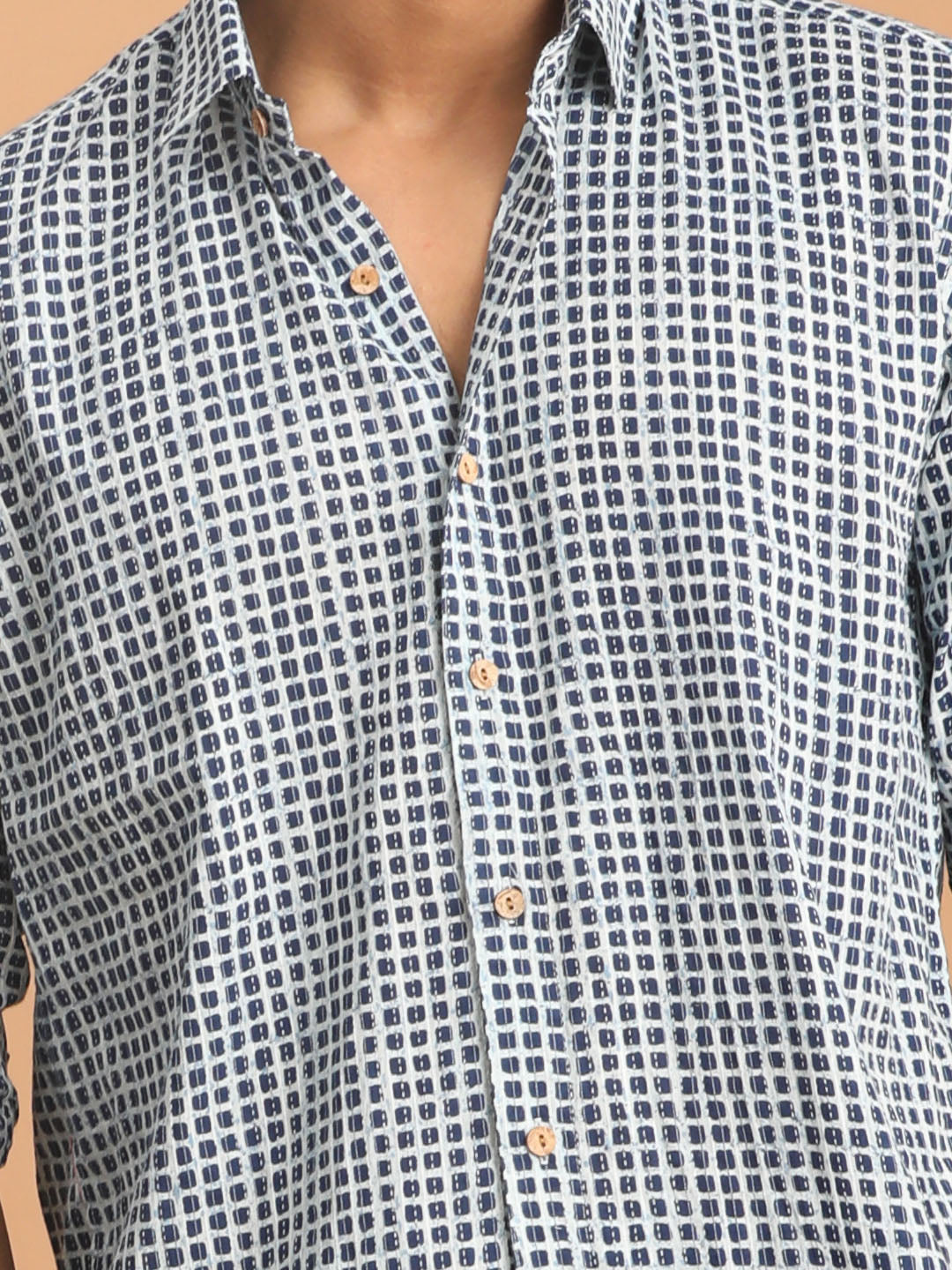 Men's Blue And White Check Box Printed Short Sleeve Shirt