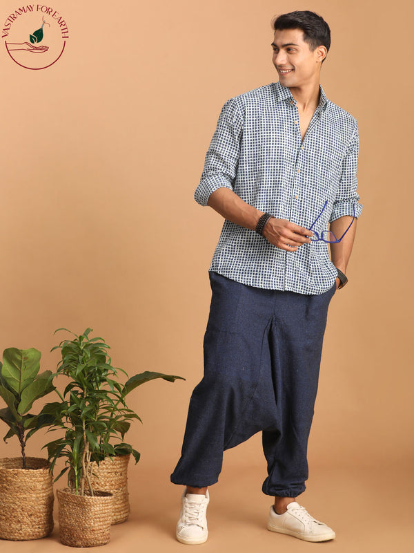 Men's Blue And White Check Box Printed Short Sleeve Shirt
