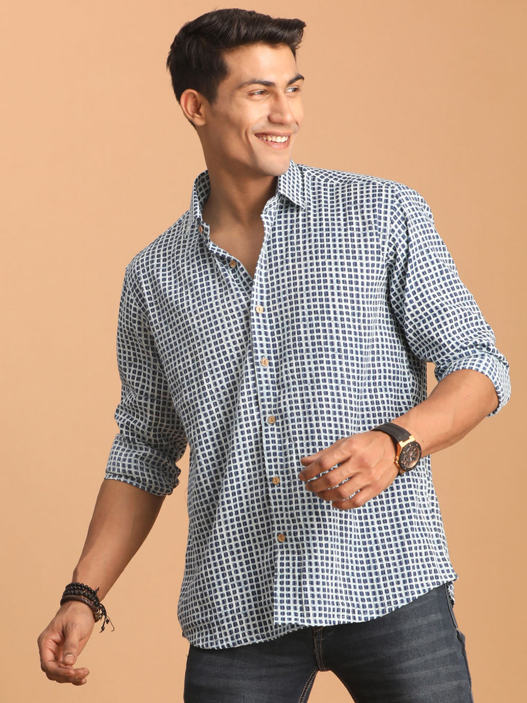 Men's Blue And White Check Box Printed Short Sleeve Shirt