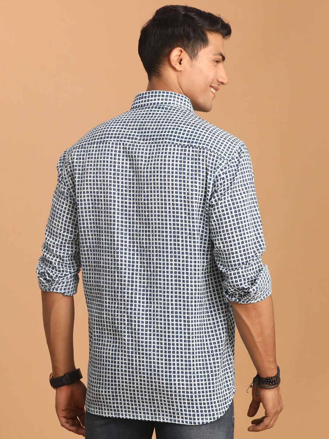 Men's Blue And White Check Box Printed Short Sleeve Shirt