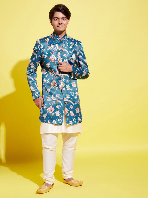 Boy's' Multicolored-Base-Turquoise Indowestern Set