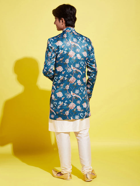 Boy's' Multicolored-Base-Turquoise Indowestern Set