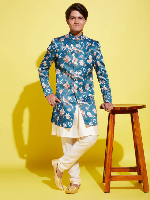 Boy's' Multicolored-Base-Turquoise Indowestern Set