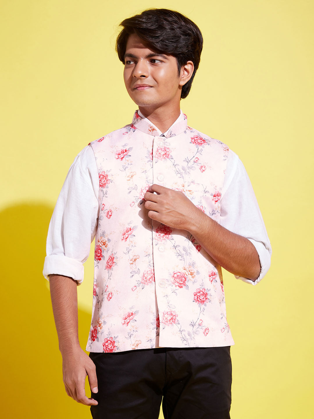 Boy's Multicolor-Base-Peach Floral Printed Nehru Jacket