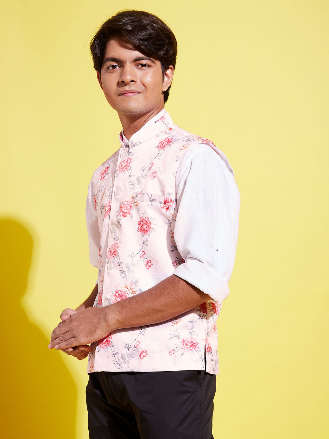 Boy's Multicolor-Base-Peach Floral Printed Nehru Jacket