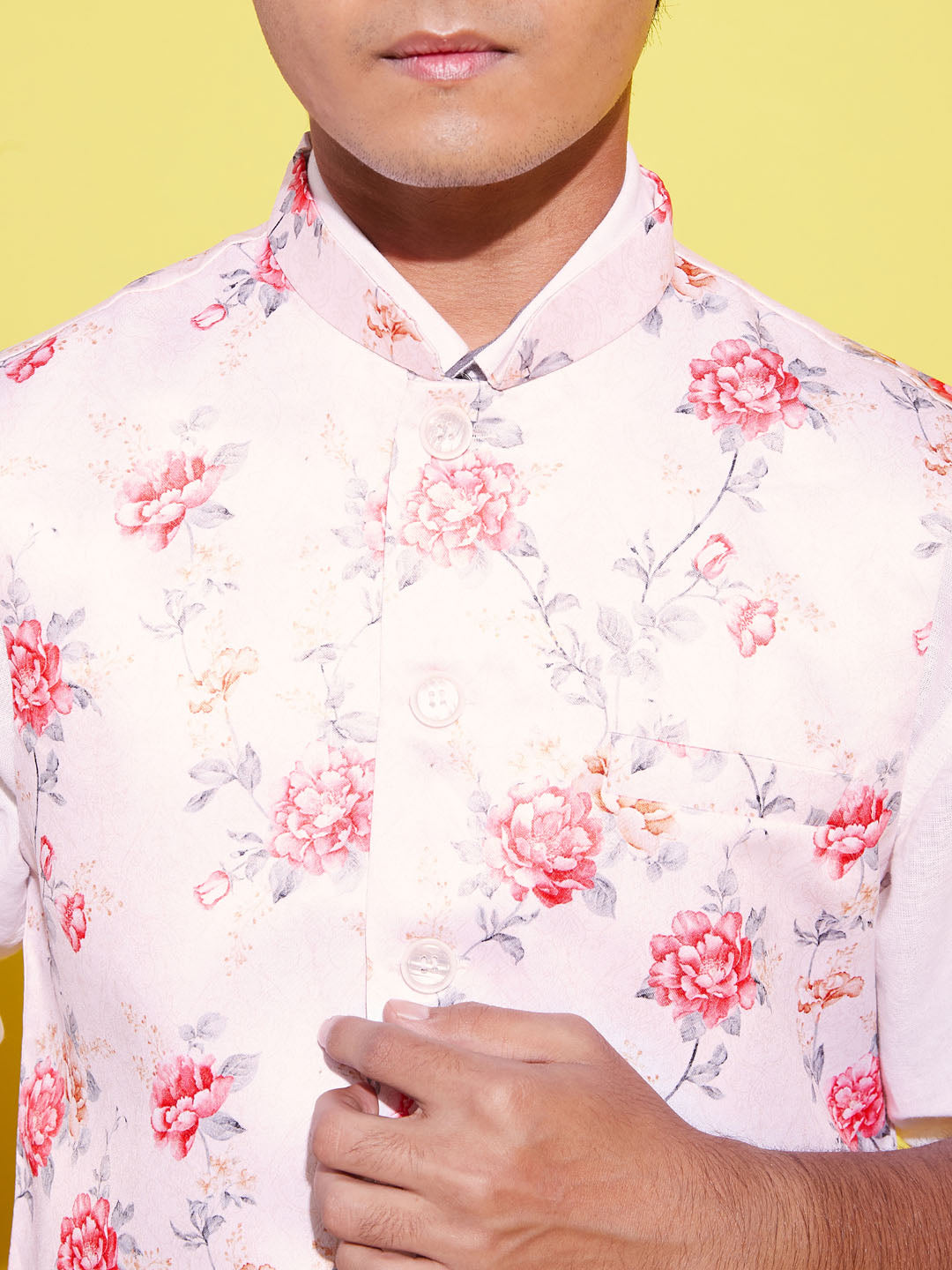 Boy's Multicolor-Base-Peach Floral Printed Nehru Jacket