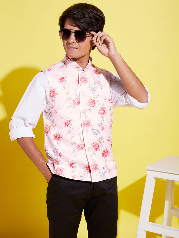 Boy's Multicolor-Base-Peach Floral Printed Nehru Jacket